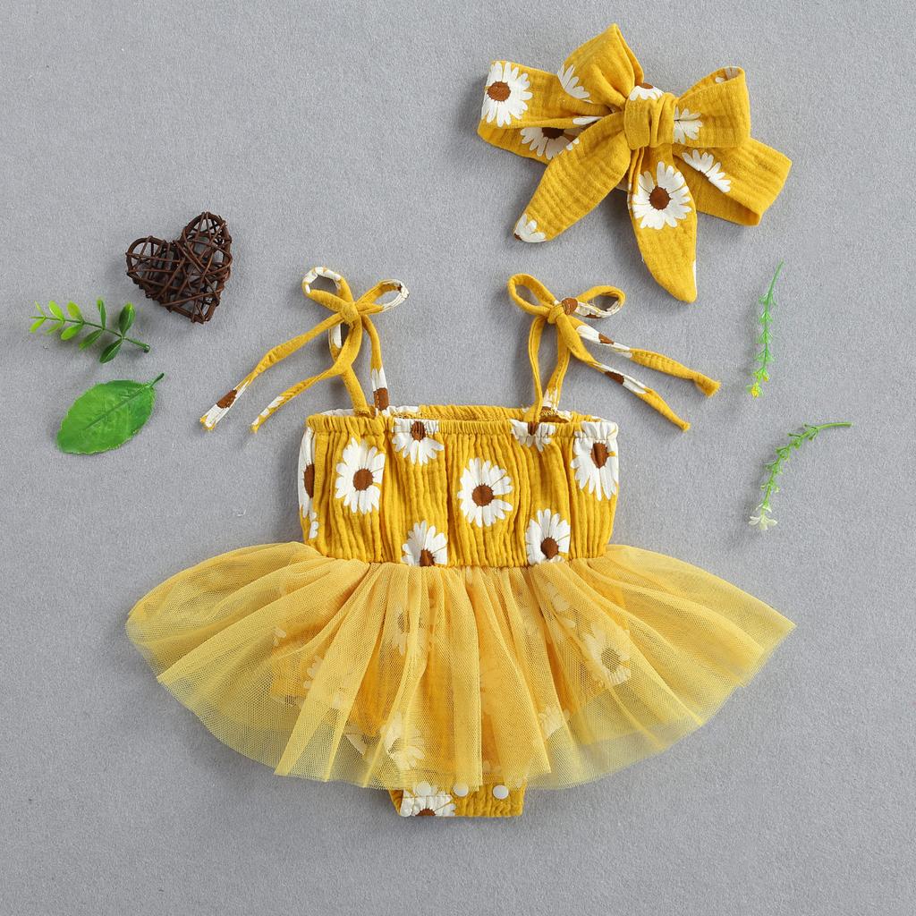 Комбинезон на шнуровке для девочек с подвязками и принтом в виде свежей ромашки, сетчатая пряжа, комбинезон и повязка на голову