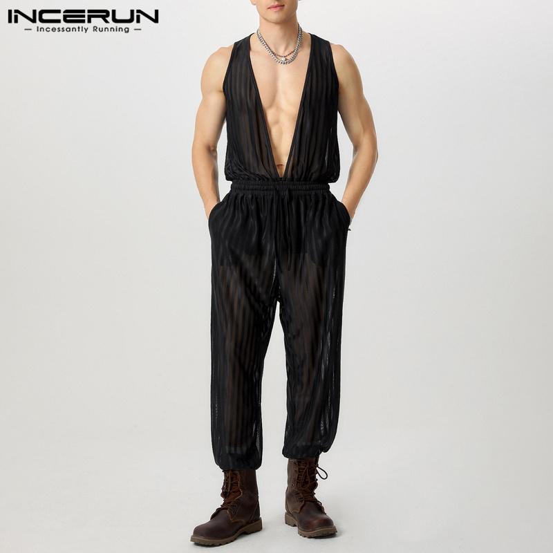 INCERUN Мужской комбинезон без рукавов с глубоким V-образным вырезом, из прозрачной сетки, с кулиской