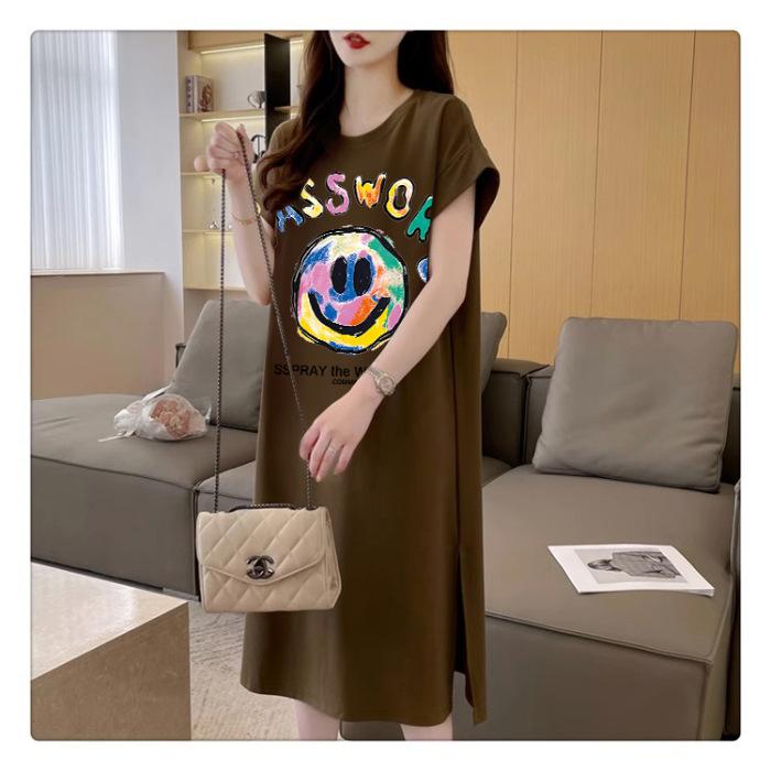 Женское модное свободное корейское платье-футболка, летнее платье Fat Mm с коротким рукавом выше колена, длинное повседневное платье с разрезом