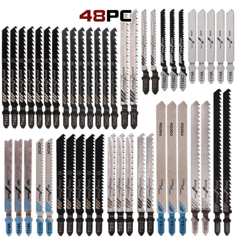 48 шт. HSS шлифованные зубья, прямые режущие полотна для лобзика с Т-образным хвостовиком, металлические, стальные, деревянные, разные пилы, деревообрабатывающие инструменты, режущие инструменты