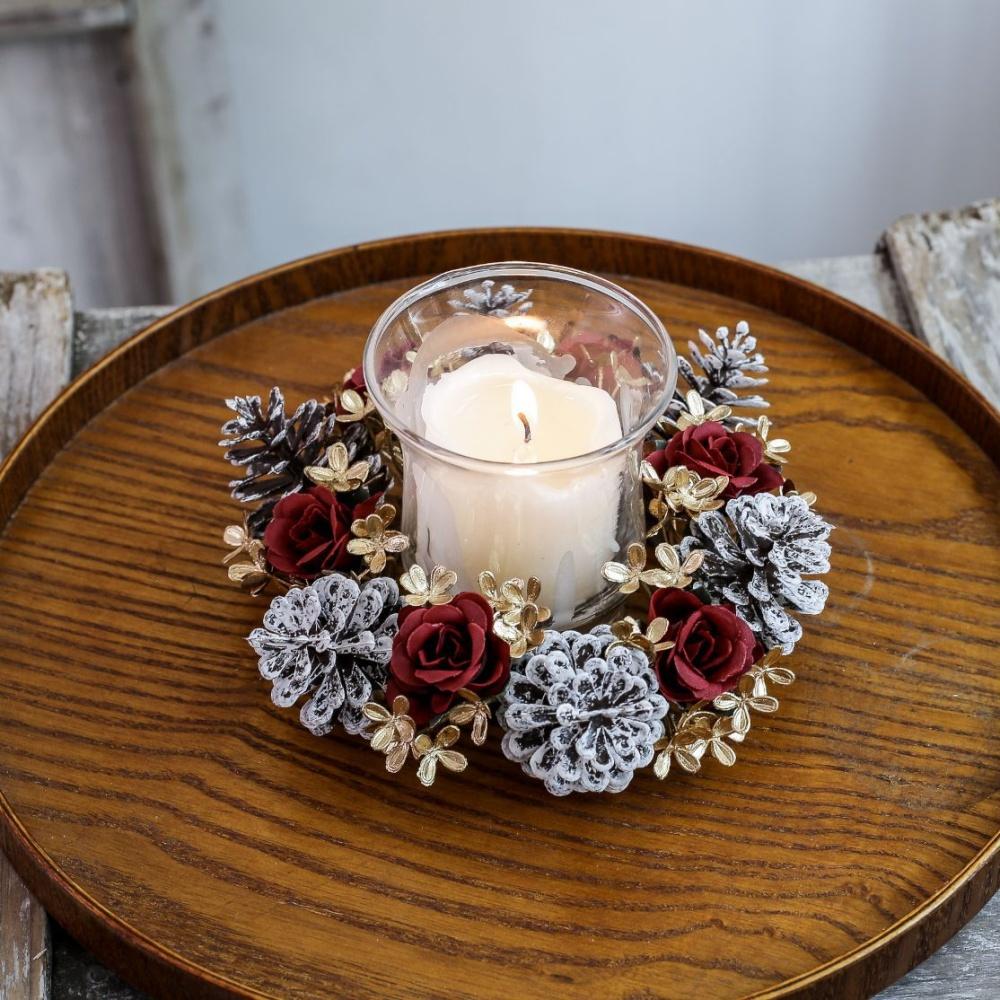 Christmas Candlestick Wreath Red Fruit Artificial Flowers Candle Ring Xmas New Year Table Decoration Candle Holder Garland