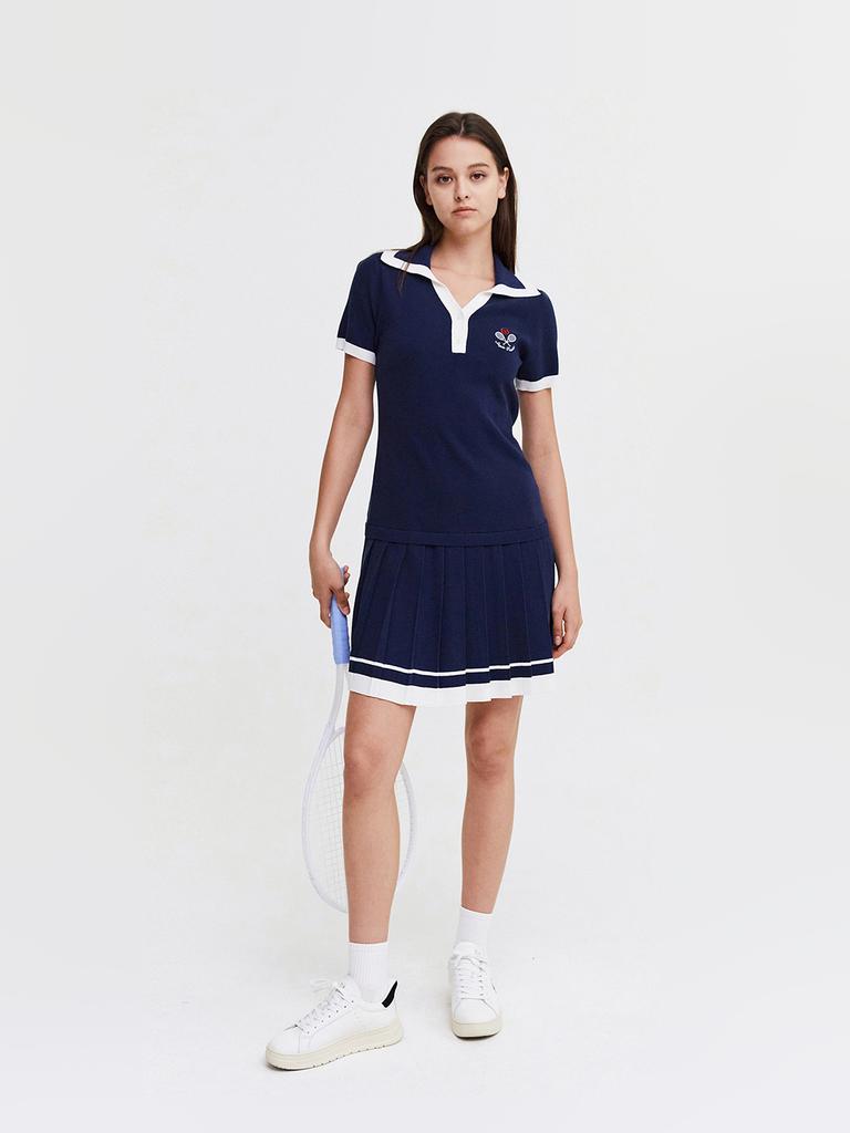 Женское платье-свитер SERGIO TACCHINI W Sabatini с плиссировкой, открытым воротником и коротким рукавом (военно-морской флот)