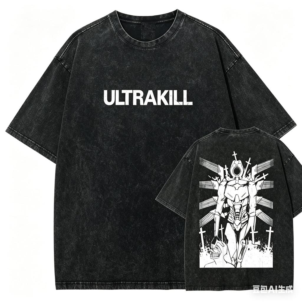 ULTRAKILL Стиранная футболка Личностная одежда Новая модель Аниме футболка Одежда на весь год Уличная одежда Большие размеры Унисекс Удобная для повседневной носки Крутая футболка
