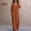 Spring Autumn Dresses Bohemian Ruffle V-Neck Long Dress, 3/4 Sleeves Maxi Dress for Comfortable Women Women, Solid Color Casual Loose Fall