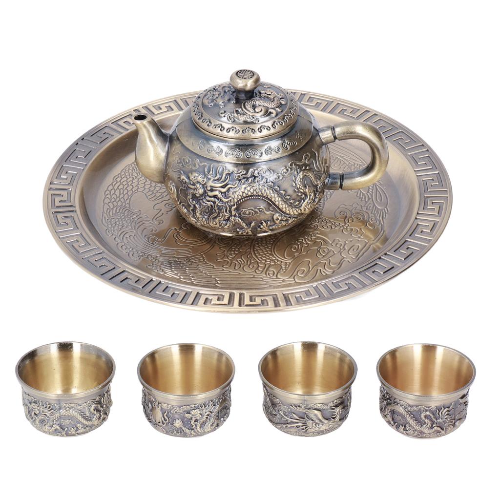 Tea Pot Vintage Exquisite Metal Luxurious Relief Pattern Moroccan Tea Set with Cups Plate for Table