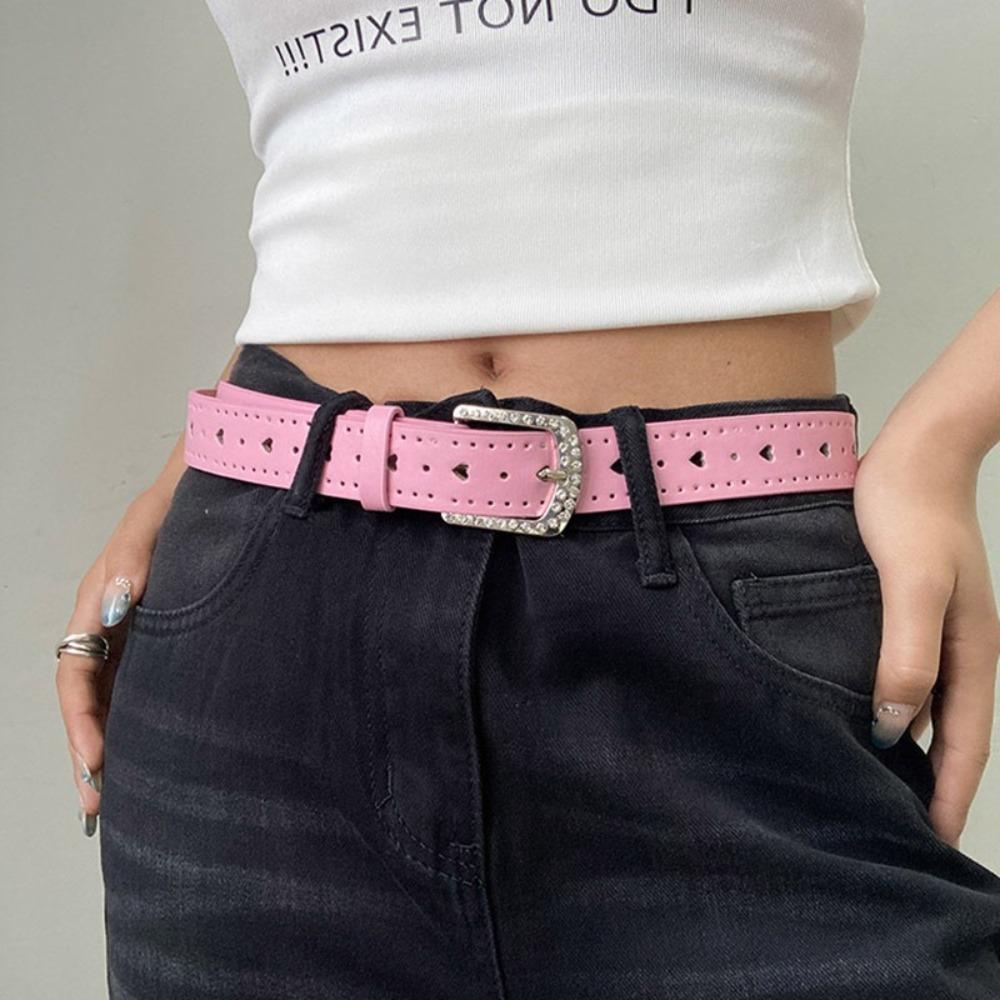Jeans Decor Y2K Wide Belt Love Heart PU Leather Waistbands Lovely Rhinestone Waist Belt Daily