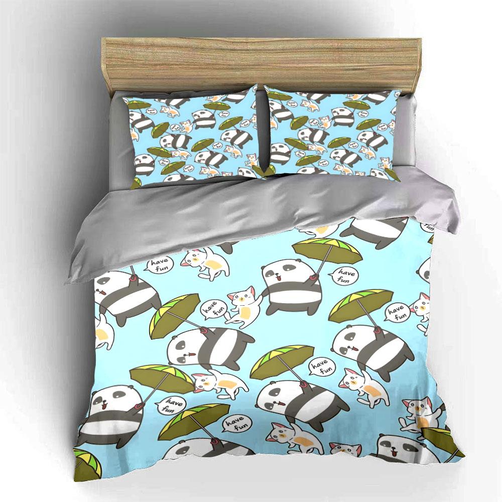 Panda and Cat with Umbrella Bedding Duvet Cover Set  (1*Duvet Cover 2*Pillowcases, without duvet insert)