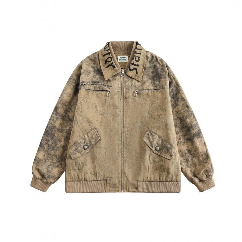 Unisex Vintage Workwear Jacket Cotton Oversized Loose Fit Collar Zipper Outerwear Streetwear