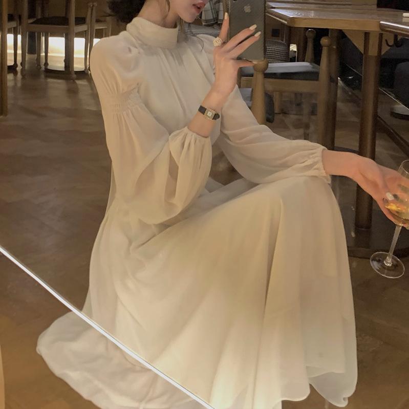 2023 весеннее белое платье миди с высоким воротником, женское элегантное цельное платье с длинным рукавом во французском стиле, корейская мода, дизайн одежды Y2k