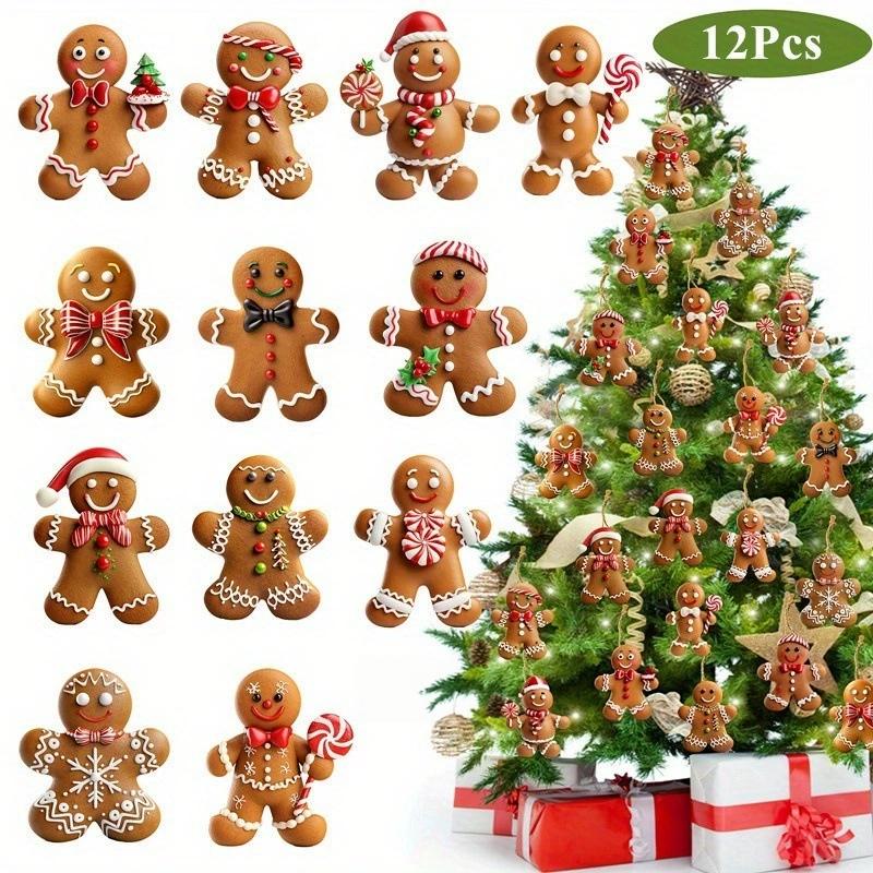 12pcs/set Red and White Wooden Christmas Ball Ornament, Elk Snowflake Pattern Christmas Party Hanging Decoration Supplies Winter