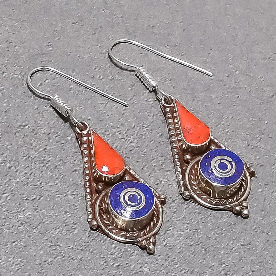 Red Coral Lapis lazuli Earrings Tibetan Boho Amazing Nepali Jewelry 2.4" NE 5354
