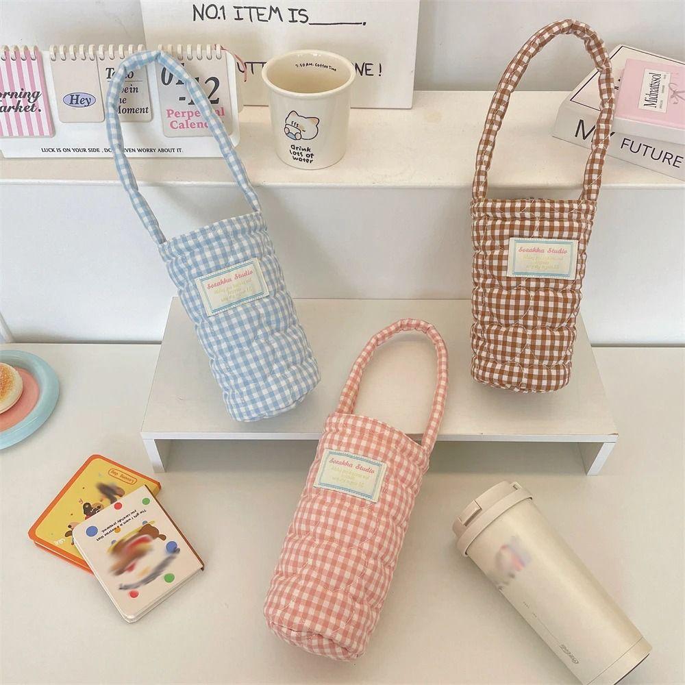 Plaid Design Water Bottle Protective Cover Heart Embroidery Thermos Cup Sleeve For Men And Women