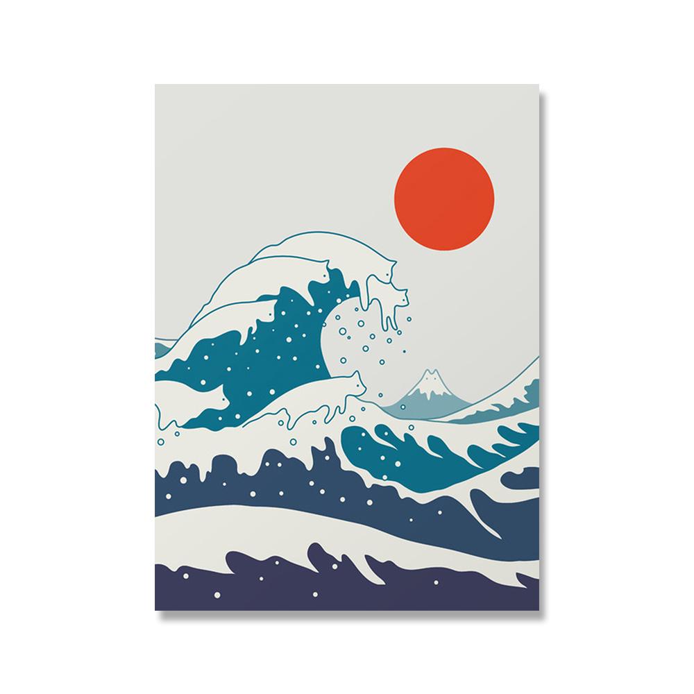 Abstract Animal Cat Landscape Wall Art Poster And Print Big Wave Canvas Painting Mountain Sun Picture For Living Room Home Decor No Frame