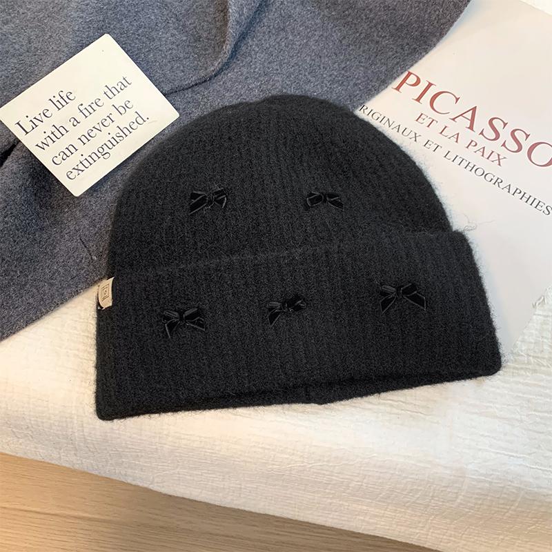 Милая и милая вязаная шерстяная шапка с бантом, детская осенне-зимняя универсальная маленькая утолщенная теплая холодная шапка