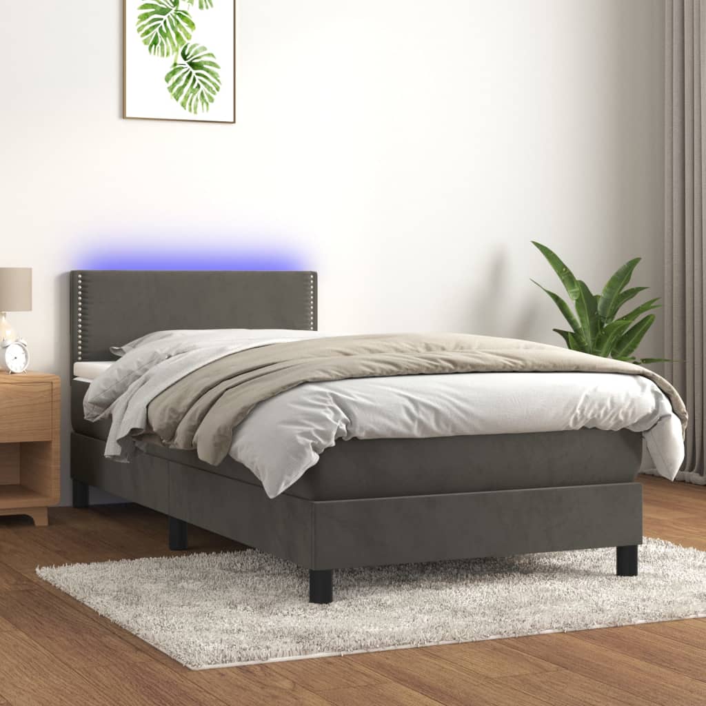 Vidaxl Łóżko Kontynentalne Z Materacem I Led, Szary Aksamit, 90X190 Cm