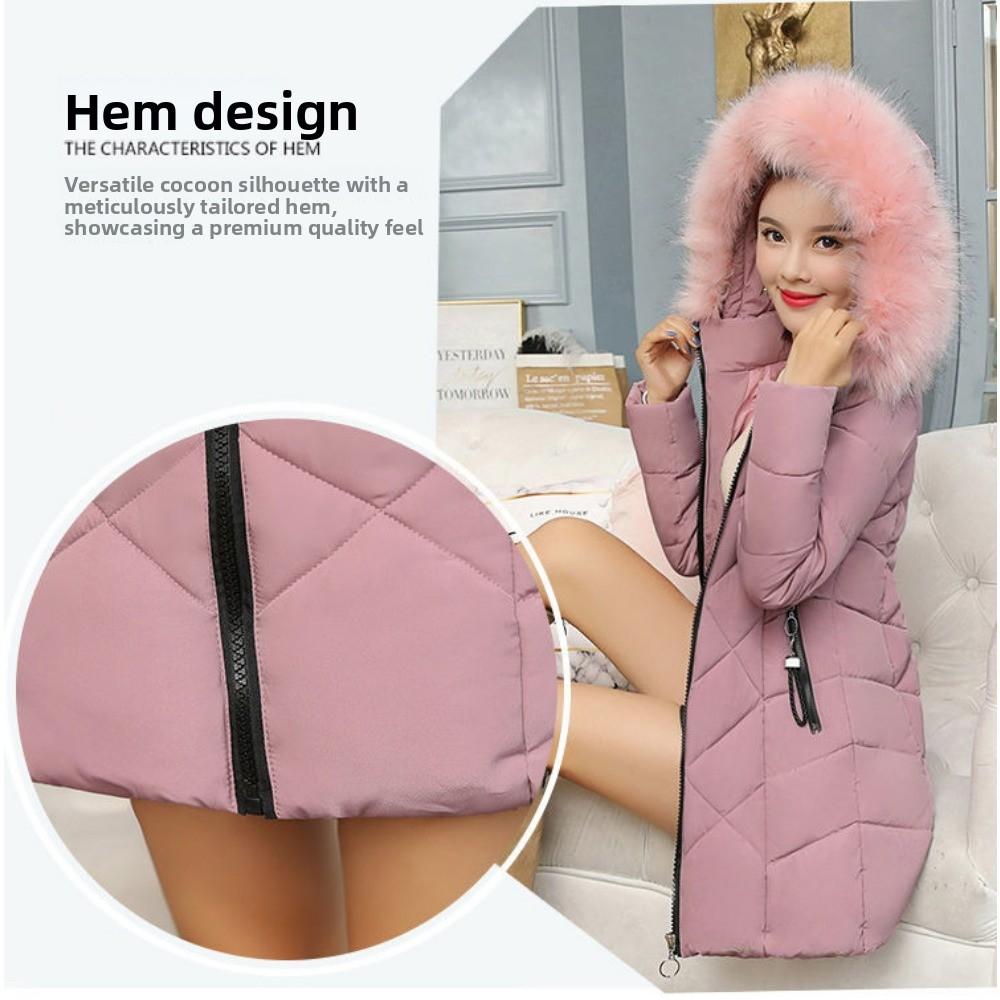 Женская приталенная зимняя одежда в иностранном стиле со большим меховым воротником, средней длины, хлопковая одежда с набивкой, теплая куртка с набивкой из хлопка