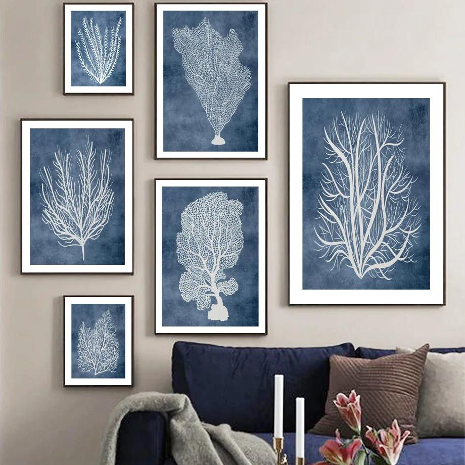 Navy Blue Sea Coral Seaweed Wall Art Canvas Painting Nordic Posters And Prints Beach House Wall Pictures For Living Room Decor
