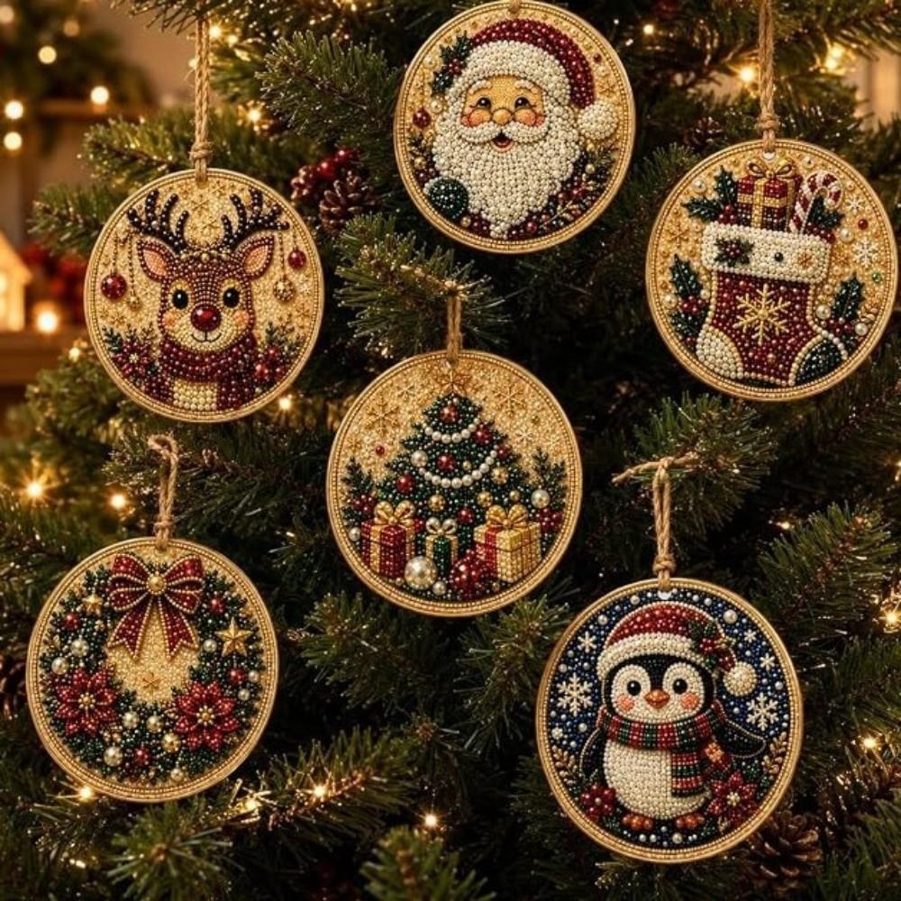 6Pcs Vintage Print Wooden Christmas Ornaments Set Art Xmas Hanging Decor Holiday Party