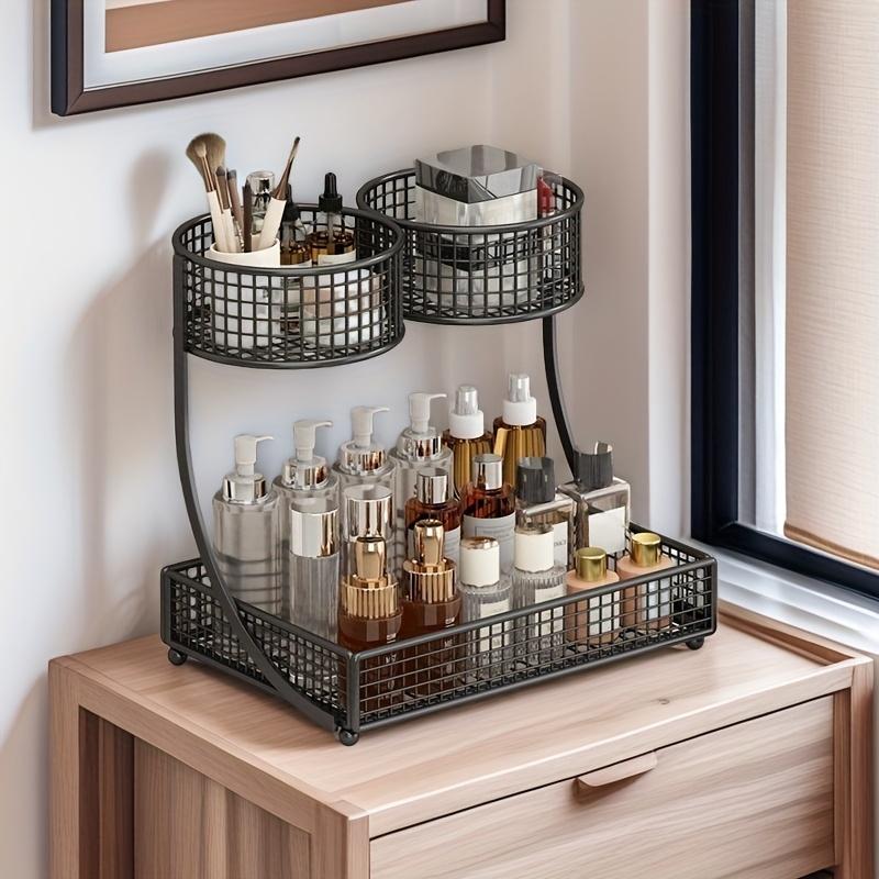 2-Tier Black Metal Cosmetic Organizer, No Assembly Required Makeup Storage Rack for Bathroom Vanity, Skincare & Beauty Product