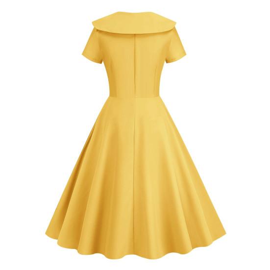 Retro Women Dress Turn-down Collar Shortn Sleeves A-line Big Swing Buttons Slim Fit Solid Color 50s Ball Prom Midi Dress