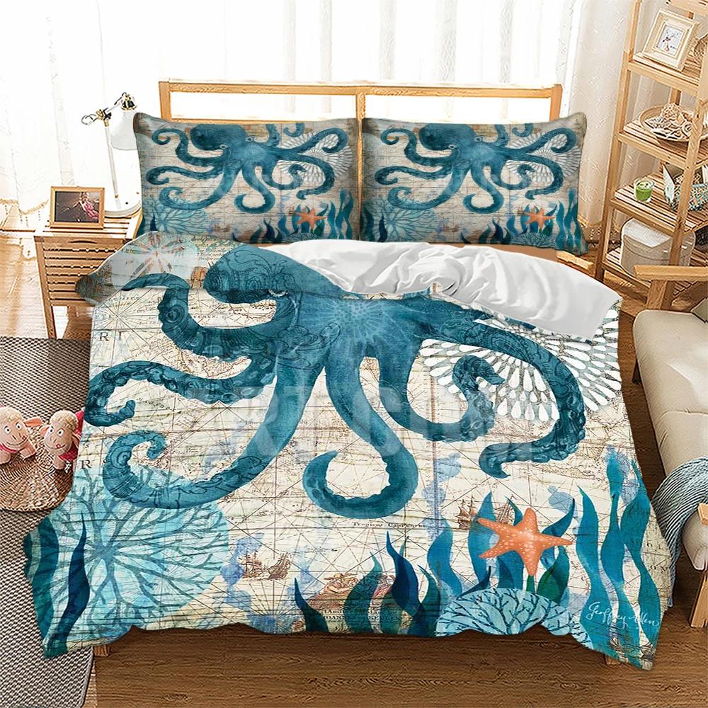 3D Starfish,Seaweed Duvet Cover+pillow Case Print Octopus Winter Home Bedding Set King Size Breathable Quilt Cover Set Blue AQ