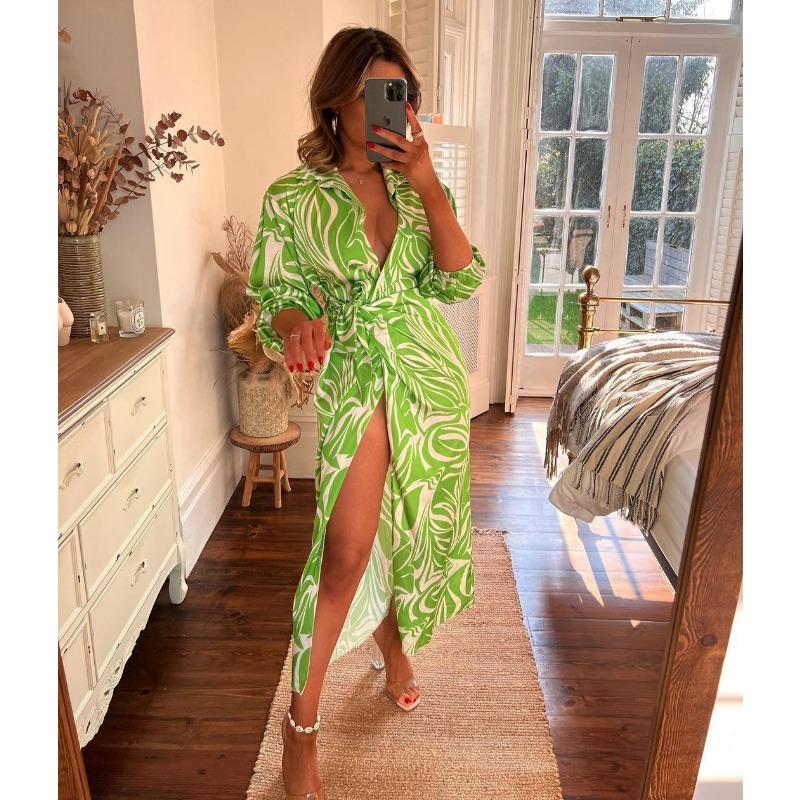 Весенне-осеннее женское платье, модное платье с рукавами-фонариками и завязками с разрезом на лацканах, платья средней длины с взрывным коллизией цветов