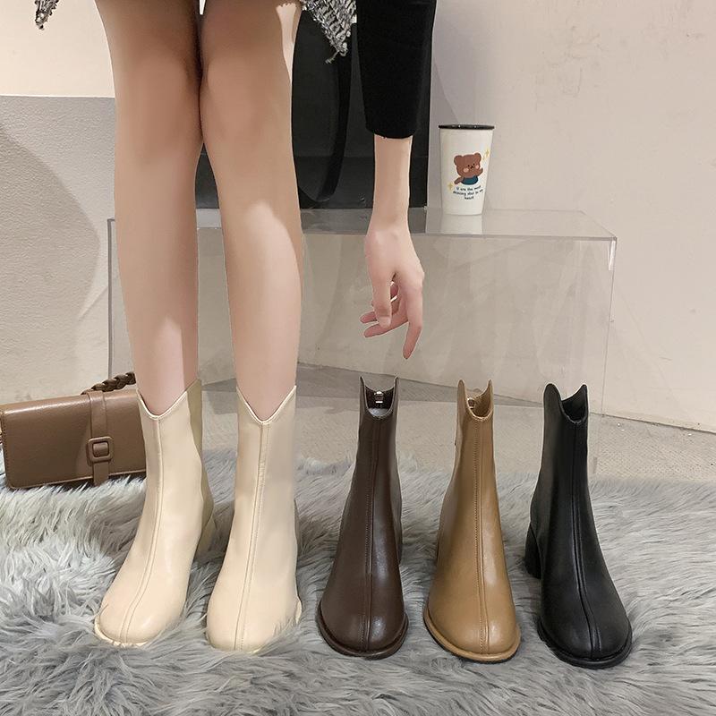 Autumn New Ankle Boots Women's Rear Zipper Leather Boots Casual Large Size Medium Heel Ankle Boots Women's Leather Boots P436