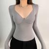 Серая футболка с V-образным вырезом и длинными рукавами, женская, осенняя, пикантная, сексуальная, облегающая, шикарная, короткая, нижняя рубашка, топ Майяра