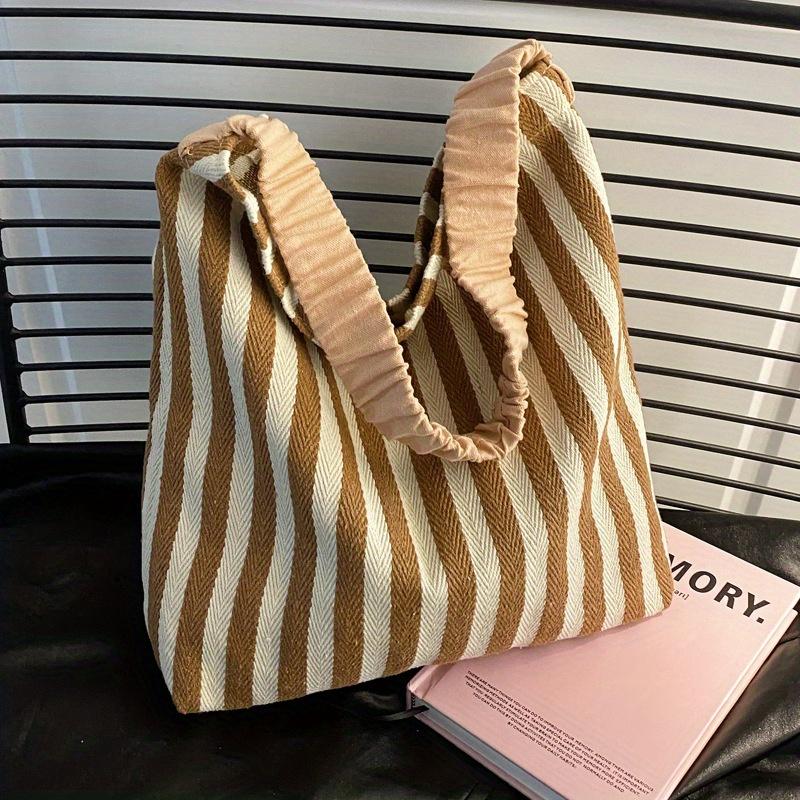 Вместительная полосатая сумка-тоут Стильные желто-синие вертикальные полосы, просторная сумка через плечо с оборками, идеально подходит для повседневной хозяйственной сумки