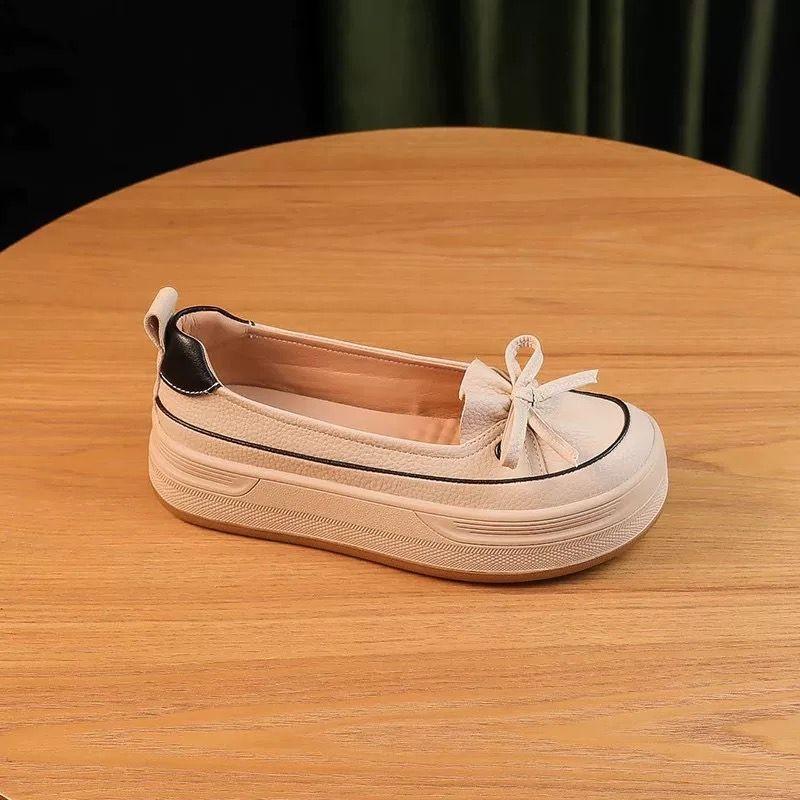 Мода 2024 Весна и осень Новые модные туфли с круглым носком и бантом из кожи с цветным блоком на толстой подошве для женщин