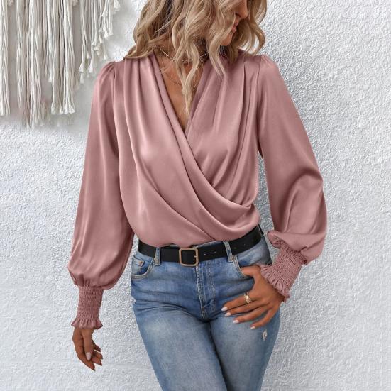 Мягкая рубашка большого размера, стильный женский элегантный шикарный однотонный топ с v-образным вырезом и рукавами-фонариками для пригородных вечеринок