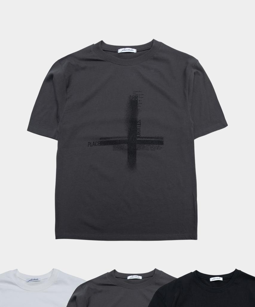 PLACESTUDIOMAN Round Neck Oversized Casual Short Sleeve T-Shirt With Cross Lettering Graphic Point _3 Colors