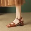 Fashion 2025 New Summer Sandals Women Square Toe Shoes Chunky Heel Open Toe Retro Sandals for Women Handmade Split Leather Women Sandals