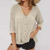 Women's Fashion Casual Solid Color V-Neck Live Button Seven Sleeve T-Shirt Top