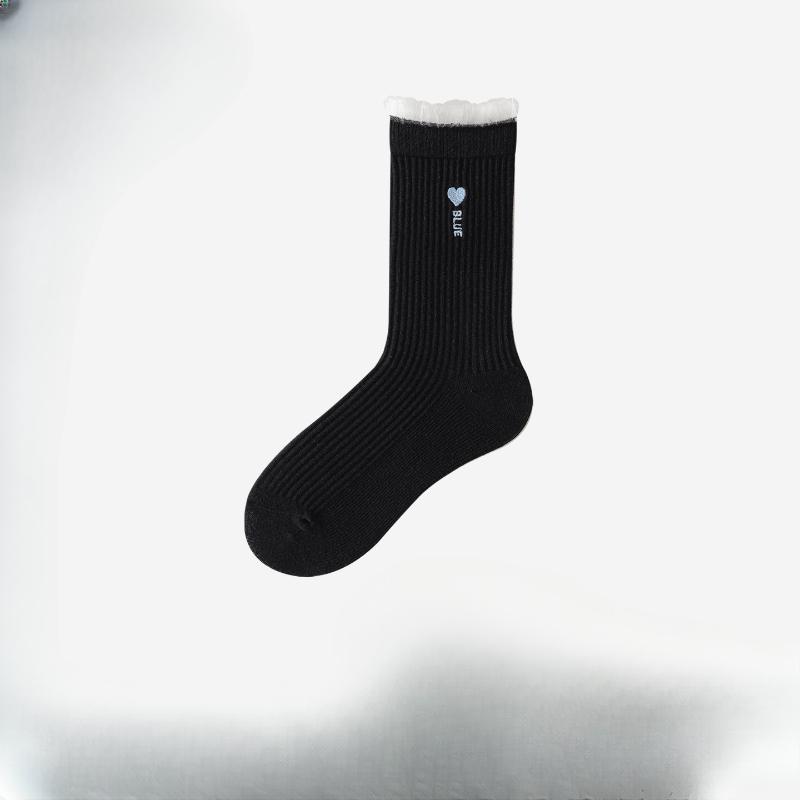 Тонкие носки на весну и осень для женщин, милые кружевные хлопковые носки до середины икры, вышитые сердечки и буквы, махровые носки для женщин