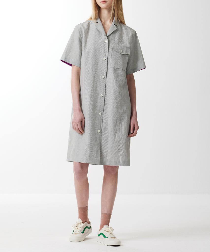 Boyeon Yarn-Dyed Linen Color-Block Short Sleeve Shirt Dress 0049