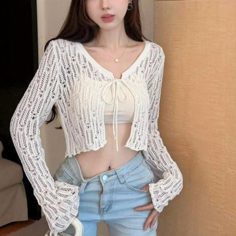 Summer Retro Hollow - Out and Tied V - Neck Long - Sleeve Sunscreen Knitted Sweater Short - Style Cardigan Shawl Sweet and Spicy Girl Outfit