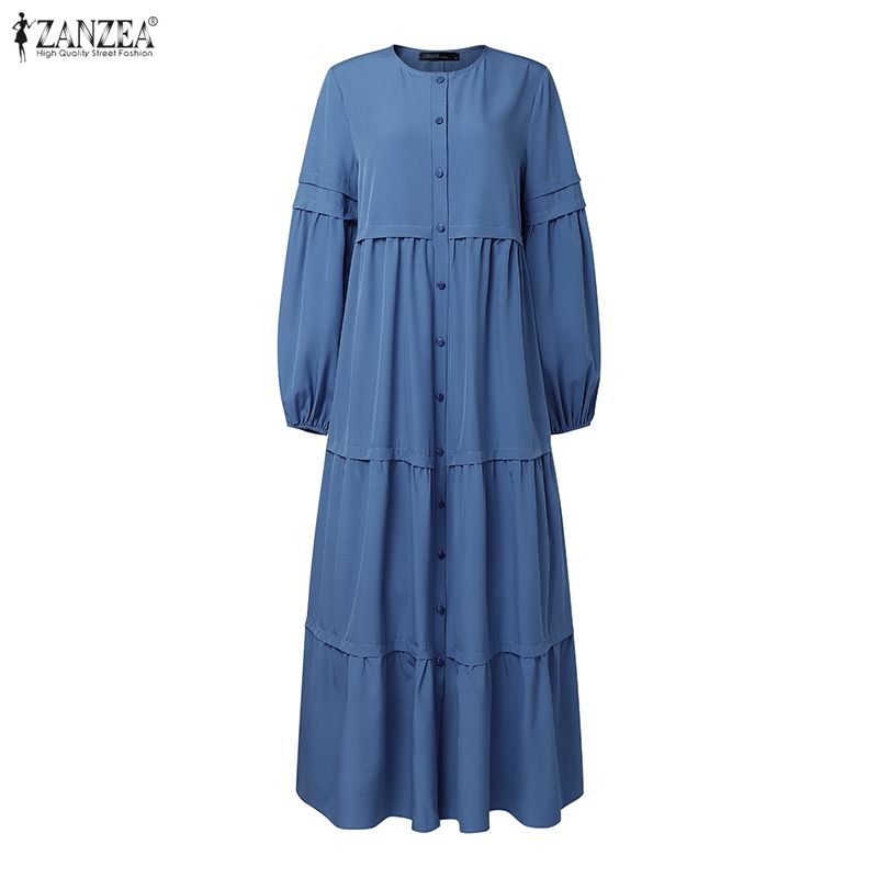 ZANZEA Мусульманское повседневное платье с круглым вырезом, длинными рукавами и свободным кроем для женщин