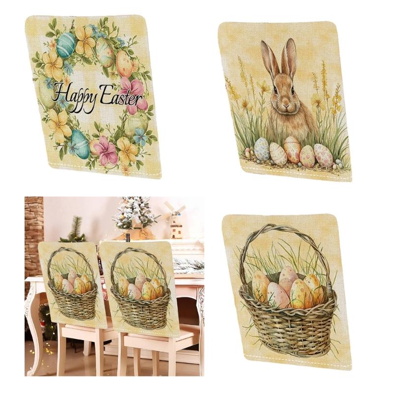 Holiday Inspire Easter Rabbits Print Plush Dining Chair Slipcover Dustproof for Home and Party Decoration