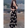 French stunning, great-looking waist-pinched black printed V-neck dress, summer women's new Hepburn style dress