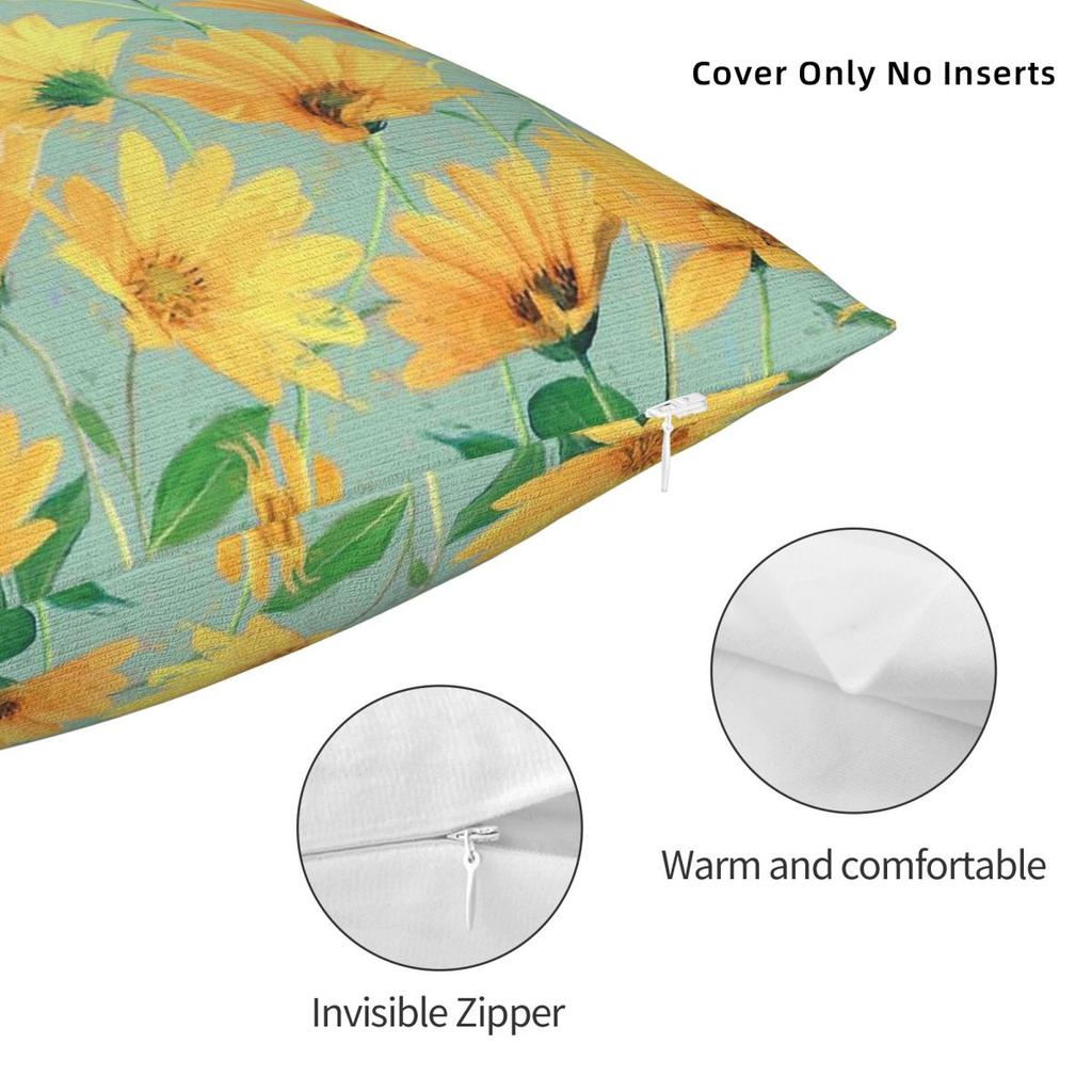 Golden Yellow Daisies Sage Green Pillowcase Polyester Linen Velvet Creative Zip Decorative Throw Pillow Case Sofa Cushion Cover