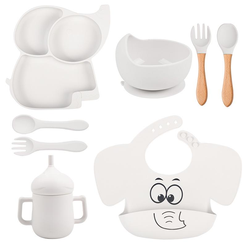8 шт./компл. набор силиконовой посуды «Слоненок», детские блюда для кормления, миска без бисфенола А, тарелка, нагрудники, наборы ложек и вилок, детская нескользящая посуда