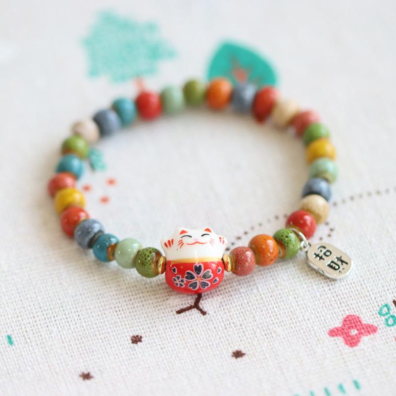 Милый браслет Lucky Cat для девочек, регулируемые цветные браслеты из бисера