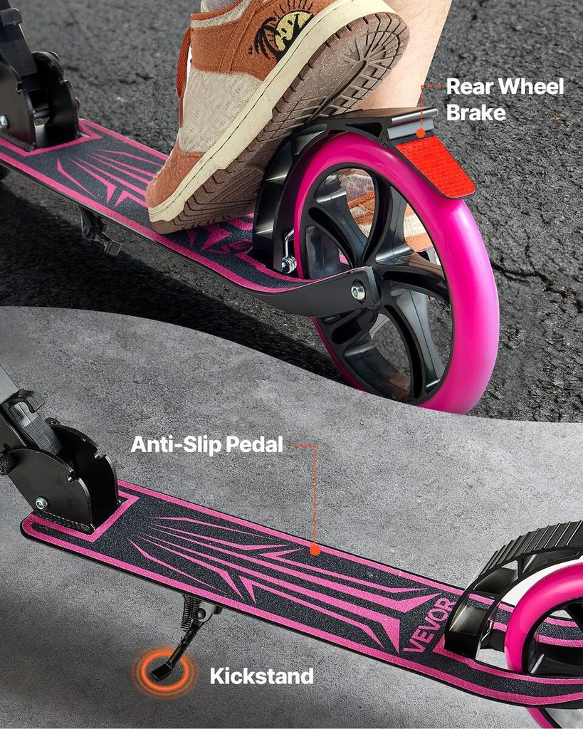 Kick Scooter for Kids Ages 8+, Teens & Adults, 2-Wheel Toddler Scooter with Adjustable Height Handlebar, Wide Anti-Slip Deck, Foldable Lightweight