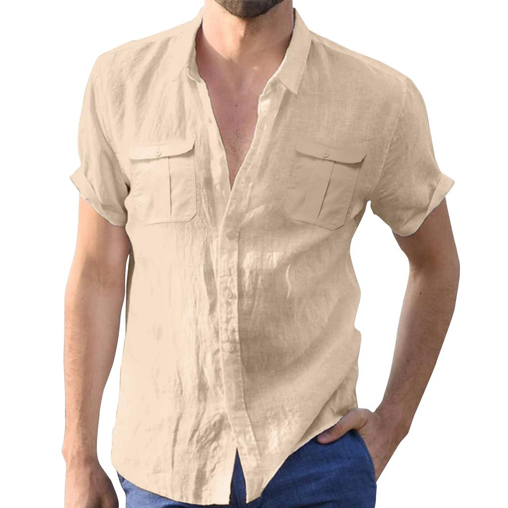 Men's Summer Solid Color Cotton Linen Short Sleeve Shirt Casual Fashion Loose Lapel Shirt