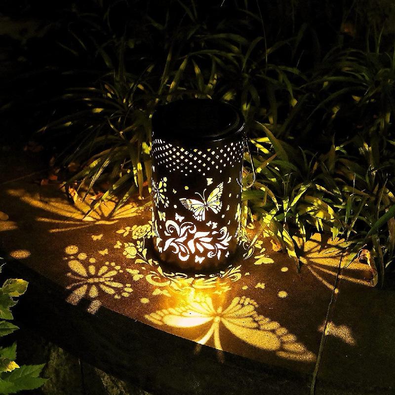 New Solar Projection Lamp Butterfly Lamp Iron Craft Hollow Out Lantern Outdoor Waterproof Courtyard Decoration Solar Landscape Lamp