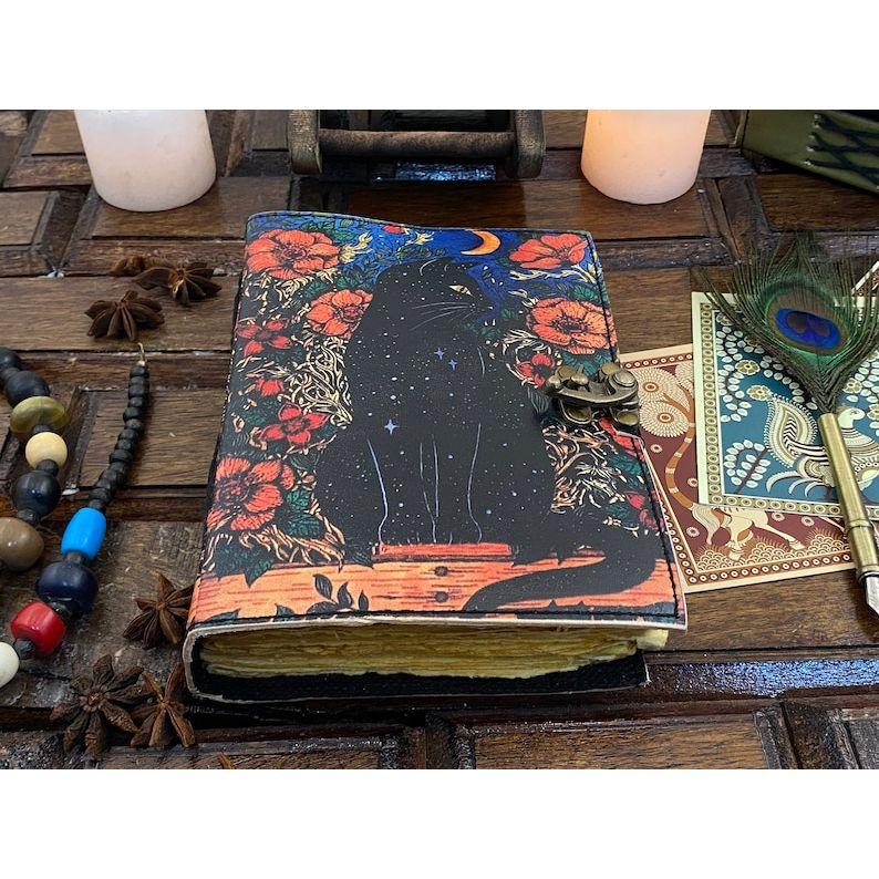 Grimoire Celtic Cat Book of Shadow Leather Journal Spell Book - Witch Wiccan Notebook Sketchbook Journal -Handmade Deckle Edge Paper