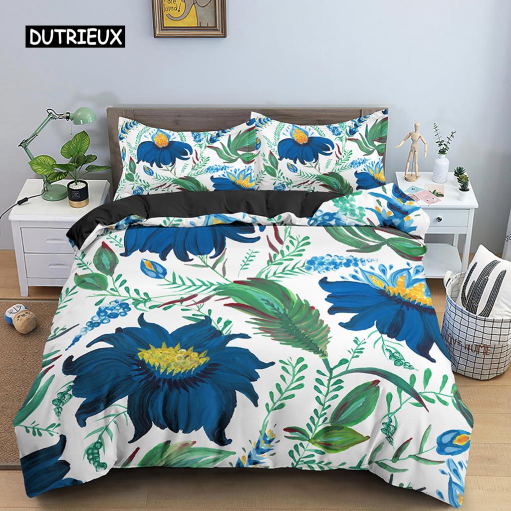Пододеяльник с цветами King Queen, 3D-цветной цветочный принт, комплект постельного белья из полиэстера для подростков, взрослых, женщин, мягкий пододеяльник с листьями
