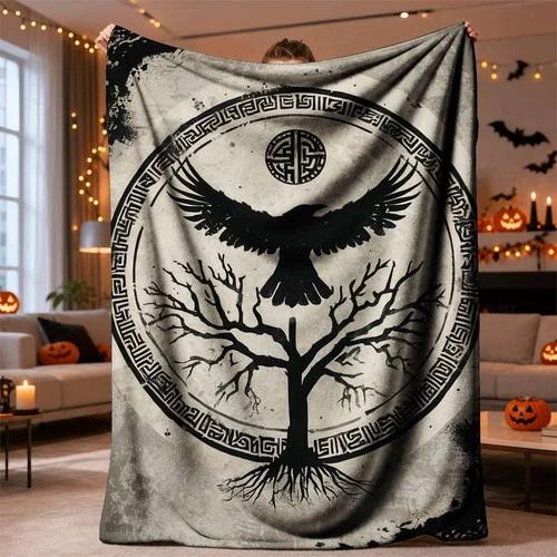 Halloween Soft Flannel Throw Blanket Raven Tree Pattern Cozy Napping Home Decor