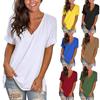 Women Fashion V-neck Loose Lengthen Cotton Casual Short Sleeves Crop Top Solid Color Simple T-shirt